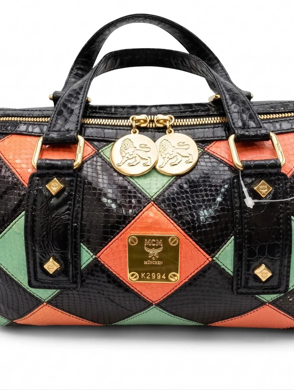 MCM Diamond Pattern Multicolor Croc Embossed Patent and Snakeskin Boston Bag